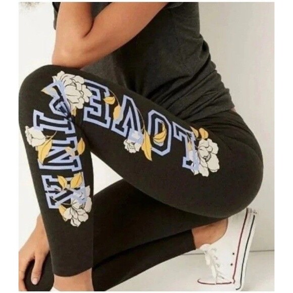 Victoria's Secret Pink Floral SS High Waist Leggings Gray Lilac Logo XL - Picture 2 of 4